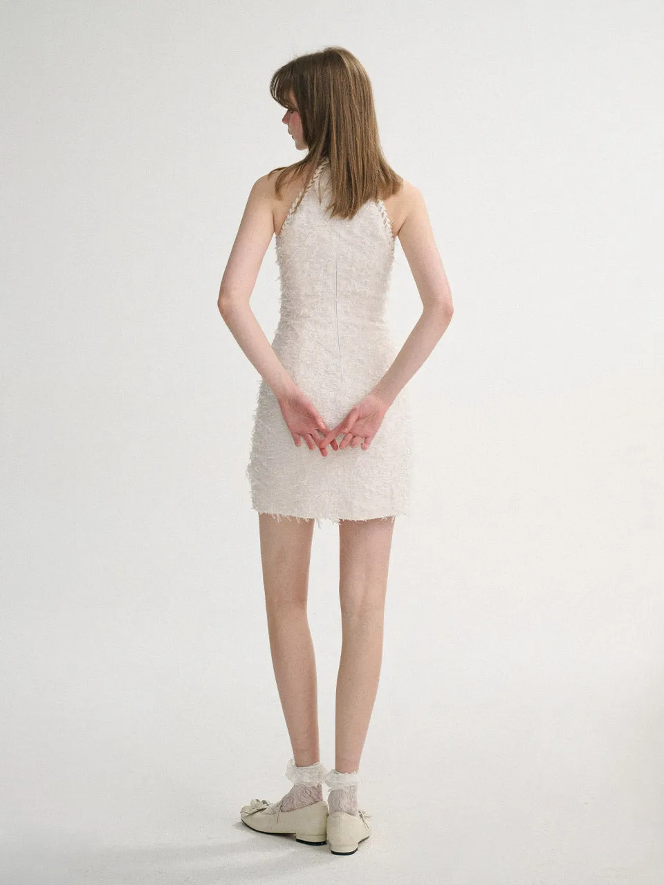 feather halter neck mini-dress