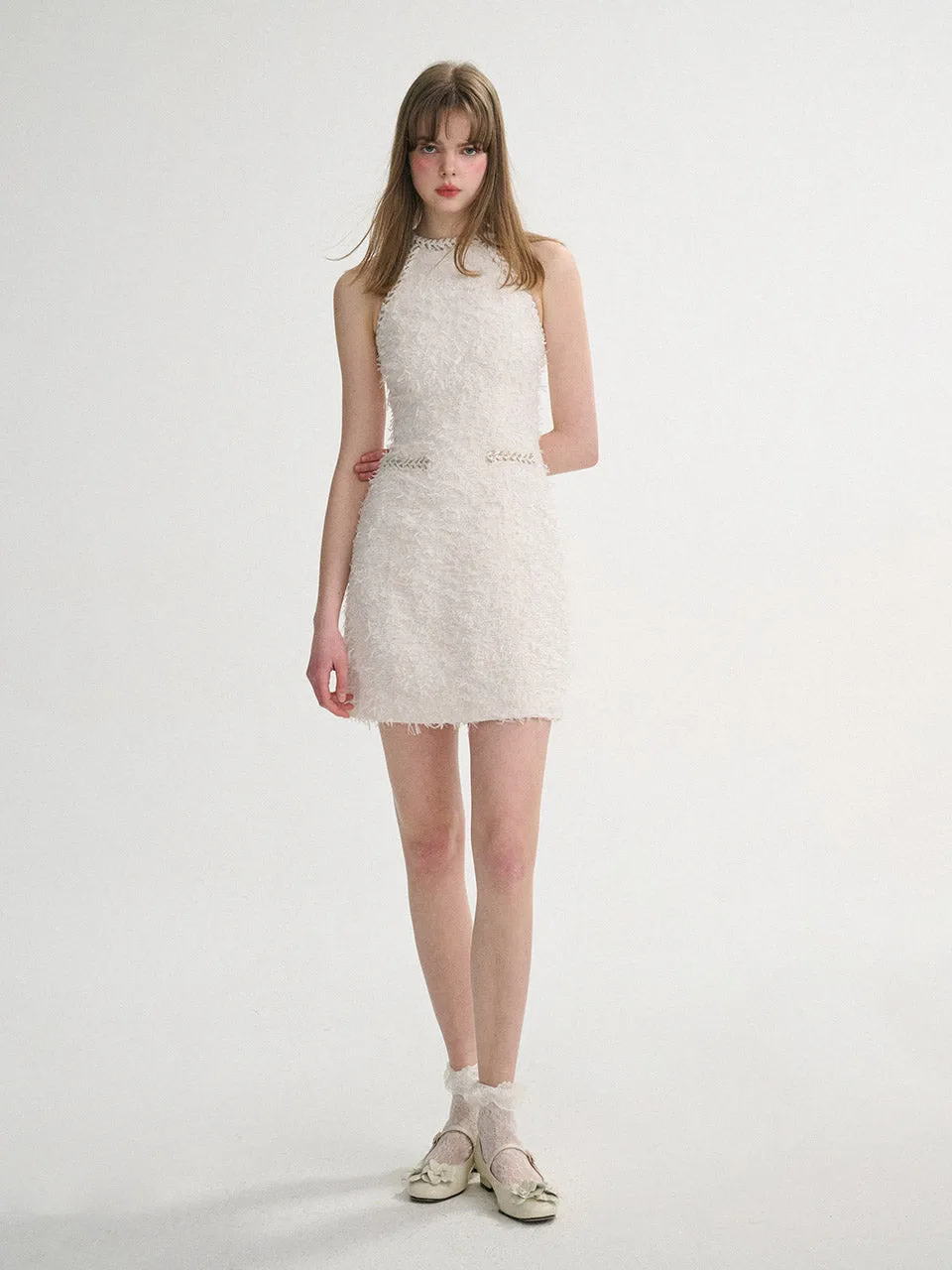 feather halter neck mini-dress