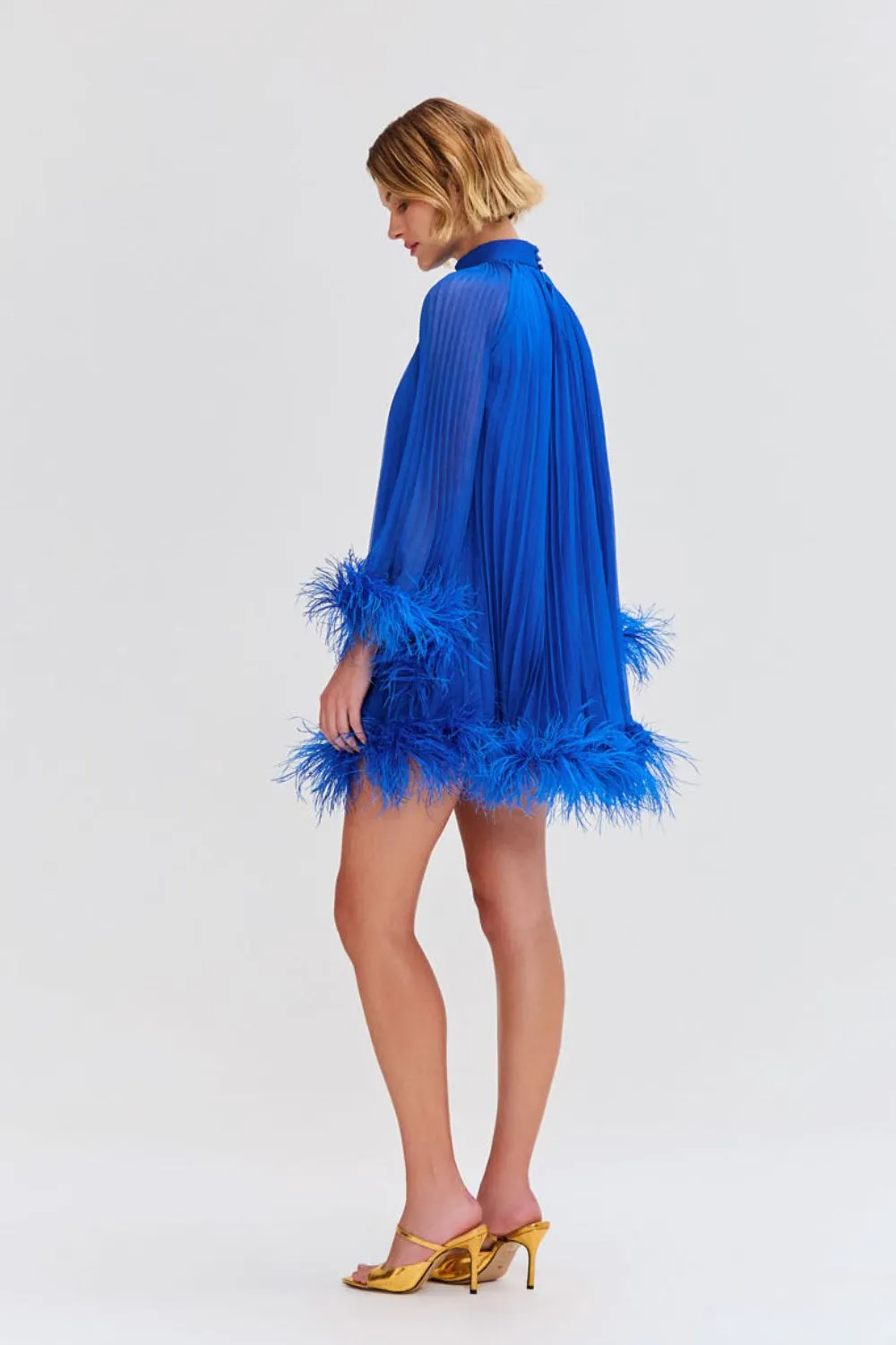 Pleated Feather Trim Mini Dress