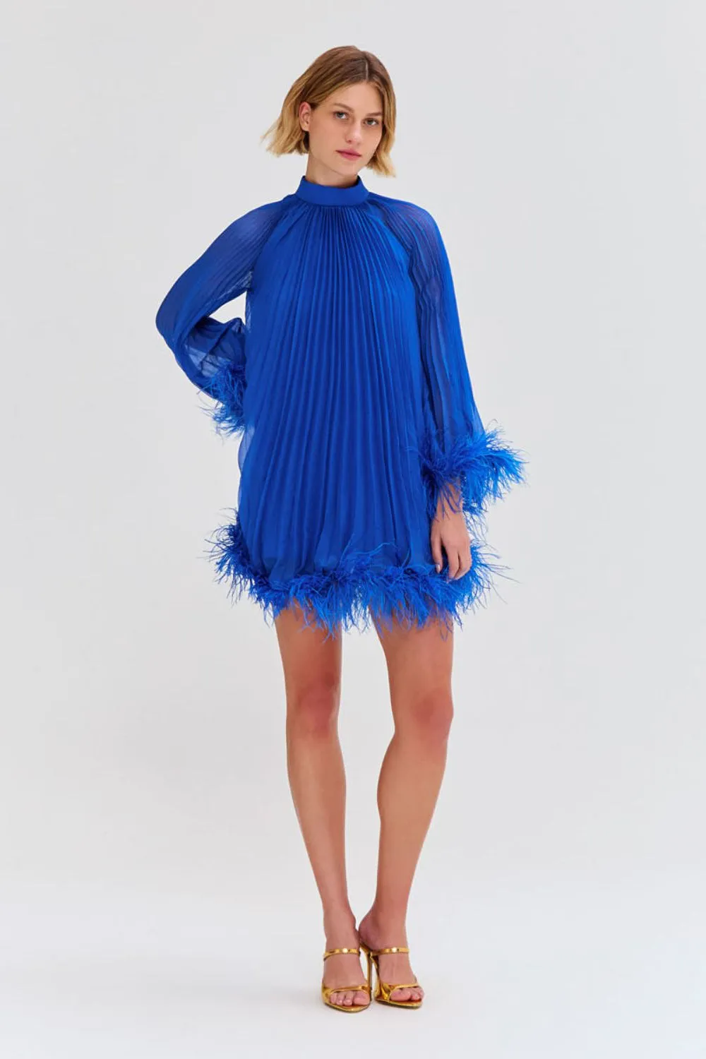 Pleated Feather Trim Mini Dress