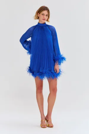 Pleated Feather Trim Mini Dress