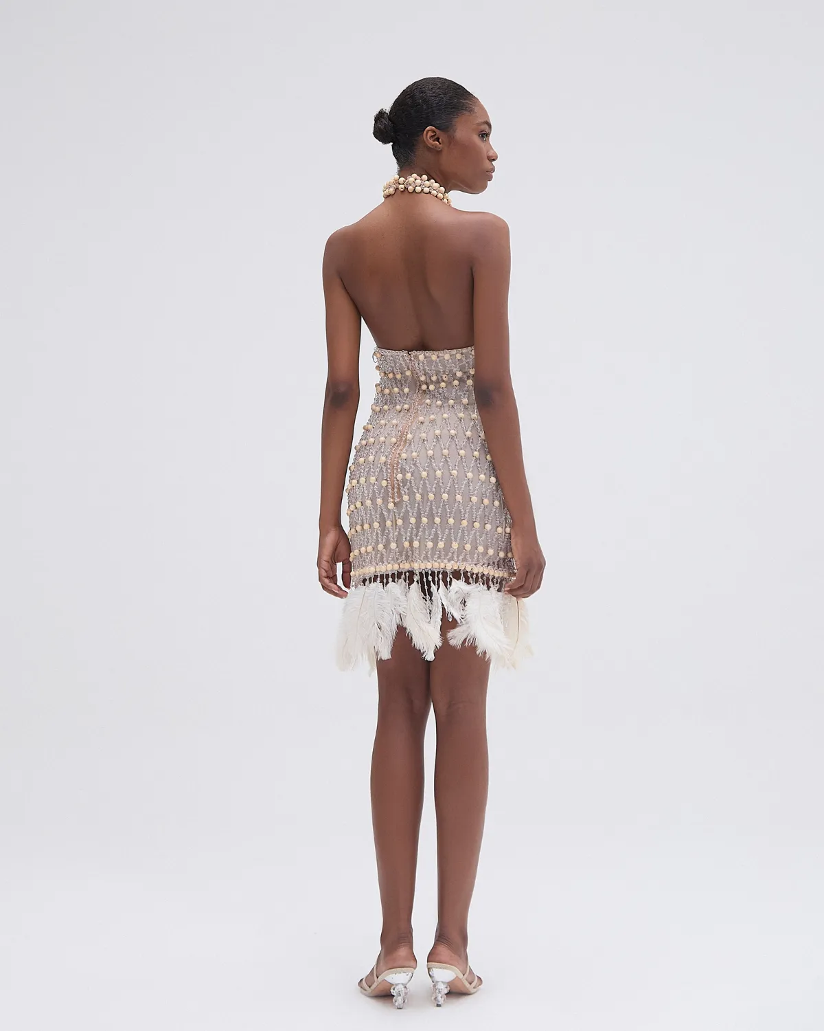 Wood and Crystal Beaded High Neck Mini Dress (RUNWAY)